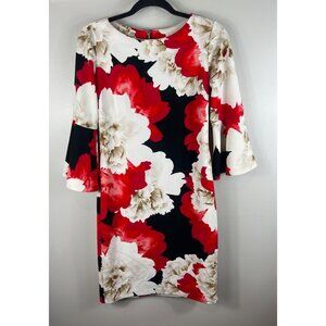 Roz & Ali Dress Big Floral Print Red Black & White Bell Sleeve Size 4
